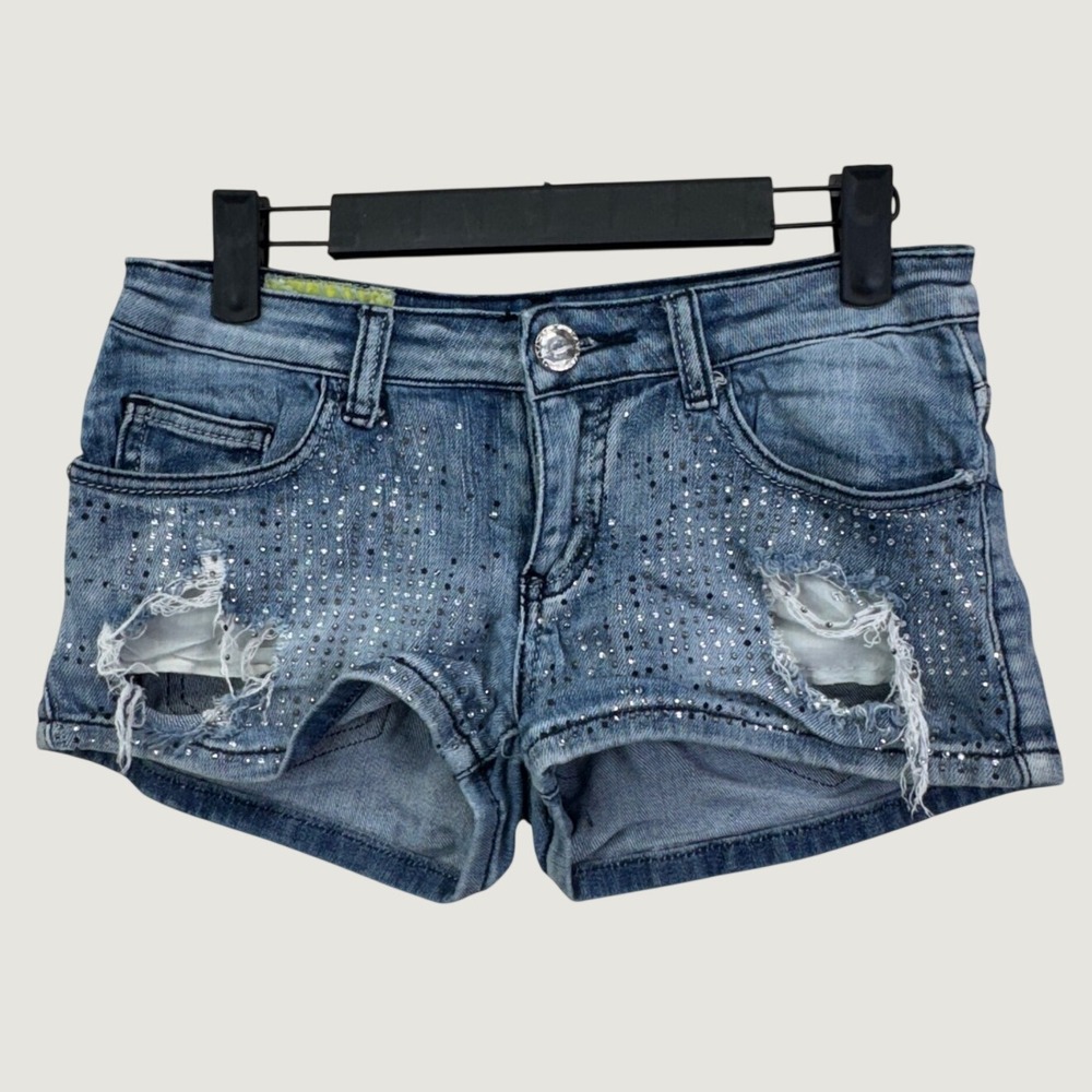Machine Jeans Denim‎ Shorts Size 26 Blue Rhinestone Distressed Y2K McBling